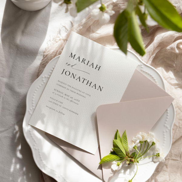 minimal wedding invitation card on a simple envelope and garden backdrop