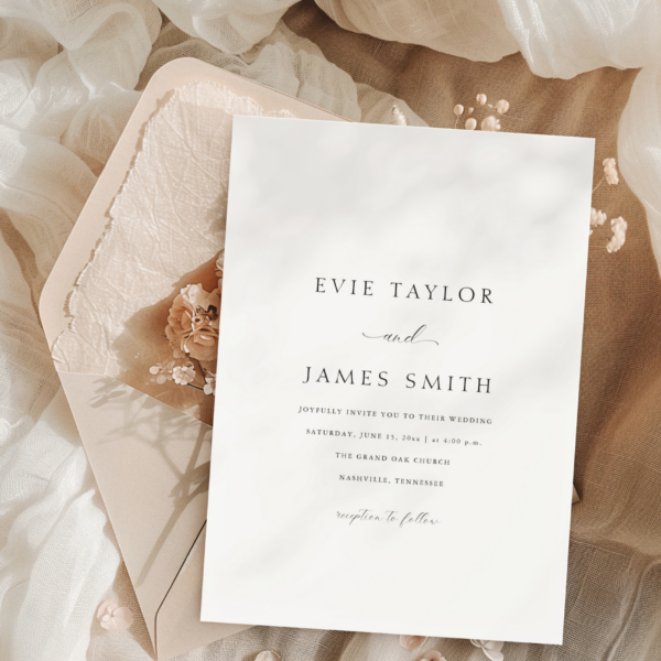 modern elegant wedding invitation against a pink envelope and refined fabric.