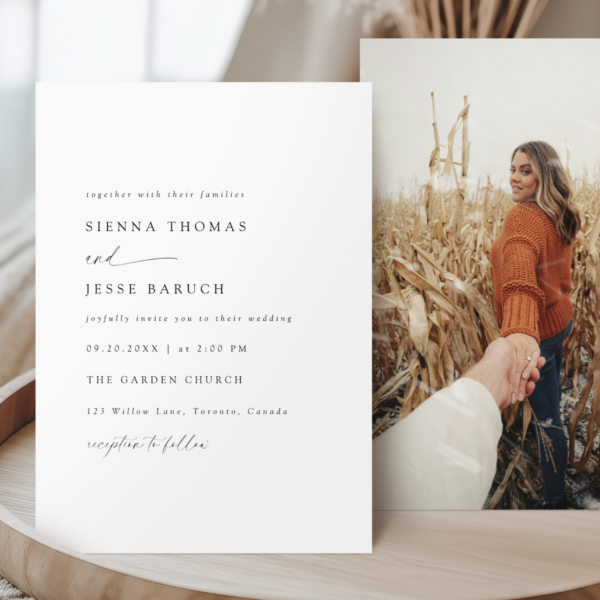 minimal upright wedding invitation front and photo back