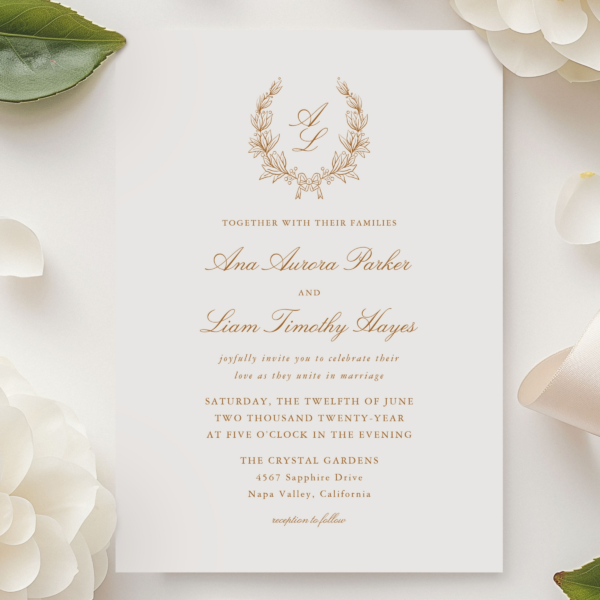white wedding invite surrounded by white flowers and pearls
